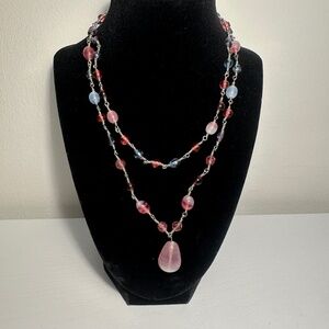 Lia Sophia Layered Glass Beaded Necklace Silver Pink Blue 16" with 3" Extender